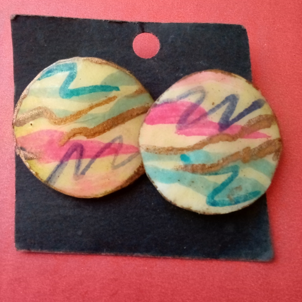 Artist signed 80s colorful abstract splash- circle pierced earrings